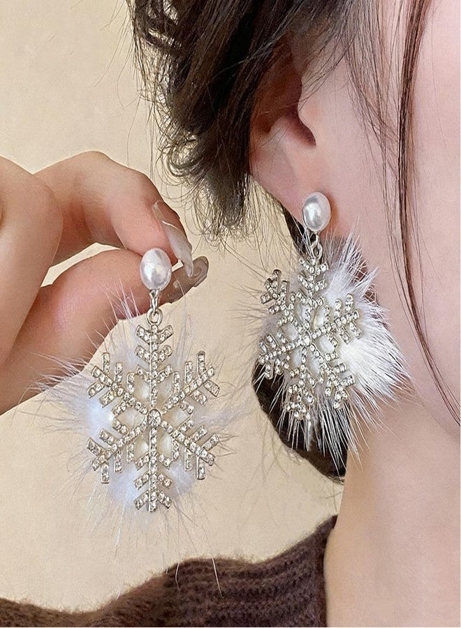 Decixde Christmas Earrings for Women Snowflake Earrings Winter Earring Pom Pom Earring Christmas Jewelry Gifts for Women (Silver) - Image 2